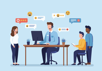 Illustration of a professional customer service team collaborating in an office, using digital devices and headsets, symbolizing teamwork, communication, and client support in a technology-driven envi