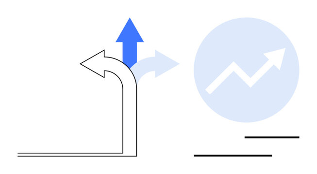 Curved arrows indicating decisions and direction shifts, paired with an upward graph arrow. Ideal for growth, decision-making, progress, strategy, success, opportunities change. Flat simple metaphor