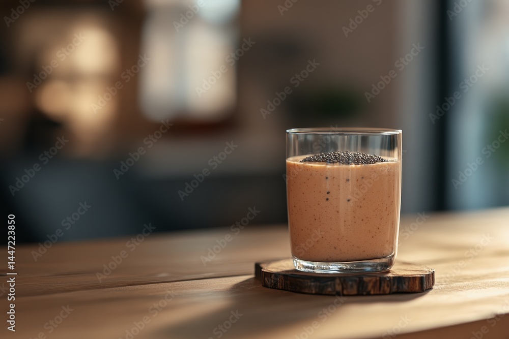 Poster a refreshing banana peanut butter smoothie sits elegantly on a rustic wooden coaster, topped with ch