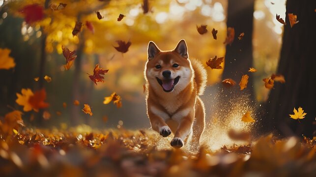 Lively Shiba Inu dash through vibrant autumn forest surrounded colorful leaf swirling air fluffy coat glow soft golden sunlight filtering through tree highlighting energetic spirit rich fall hue