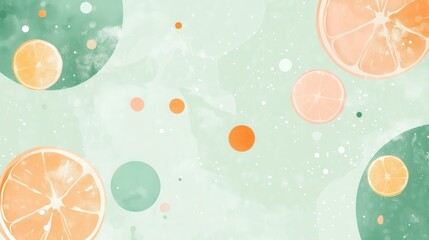 Abstract citrus fruit slices on a pastel green watercolor background.