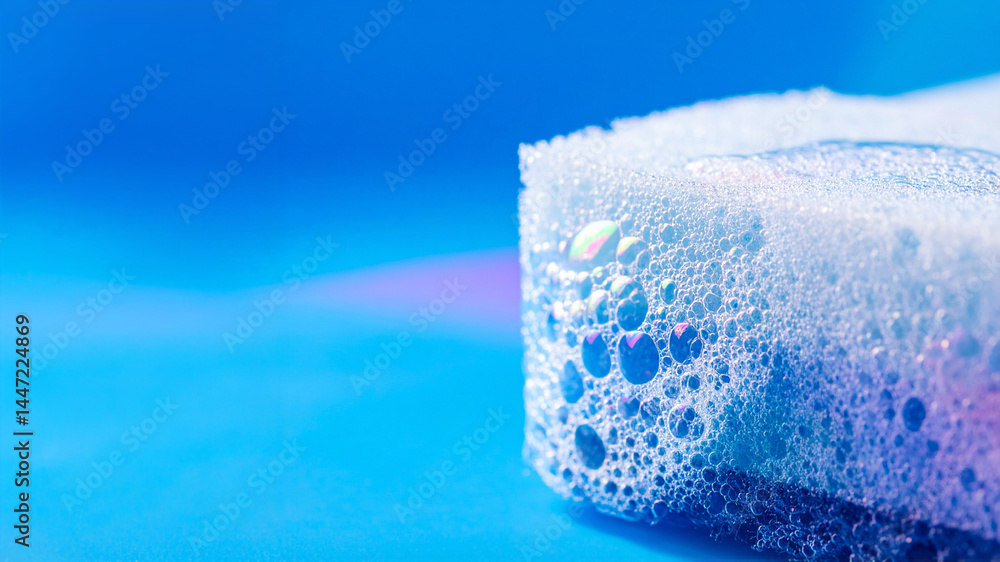 Aufkleber a close-up of a sponge covered in delicate soap bubbles against a soft blue background. the bubbles 
