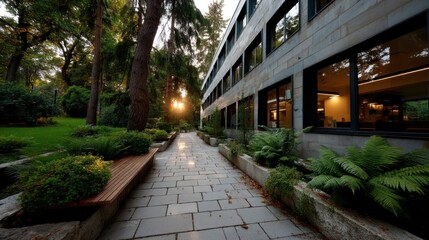 Modern Office Building with Large Windows Surrounded by Lush Green Garden at Sunset