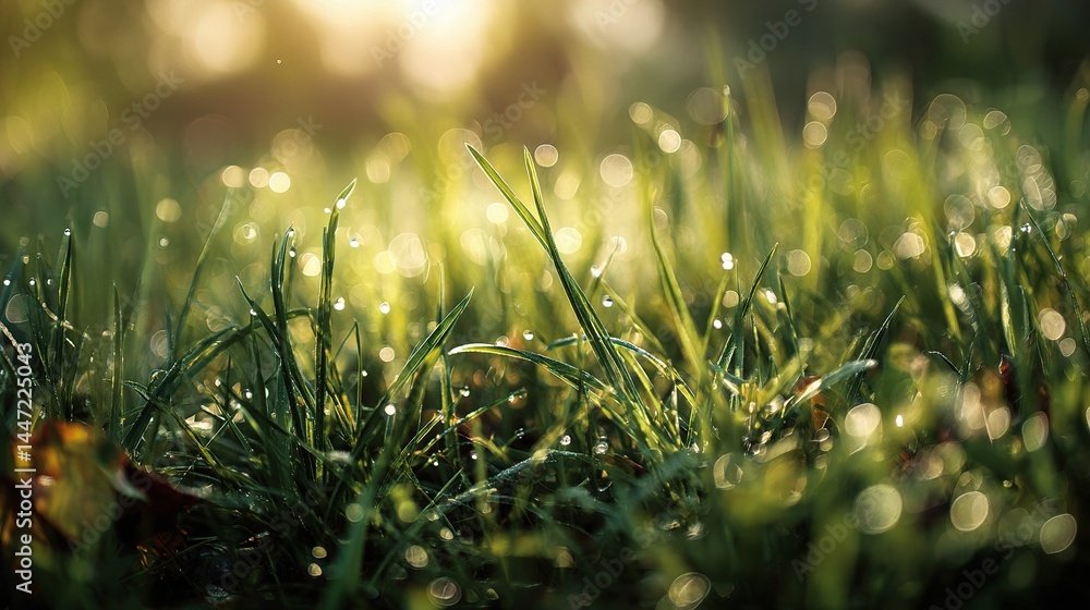 Poster sunlit green grass with dewdrops in soft bokeh background