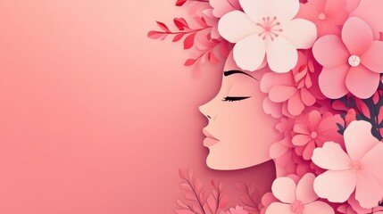 A paper-cut style illustration of a woman's profile surrounded by flowers and leaves on a blue background.