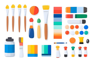 Pixel Art Illustration Of Art Supplies And Paint Colors With Transparent Background