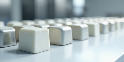 Fototapeta premium A Row of Smooth, White Cubes on a Reflective Surface, Representing Minimalist Design and Clean Aesthetics