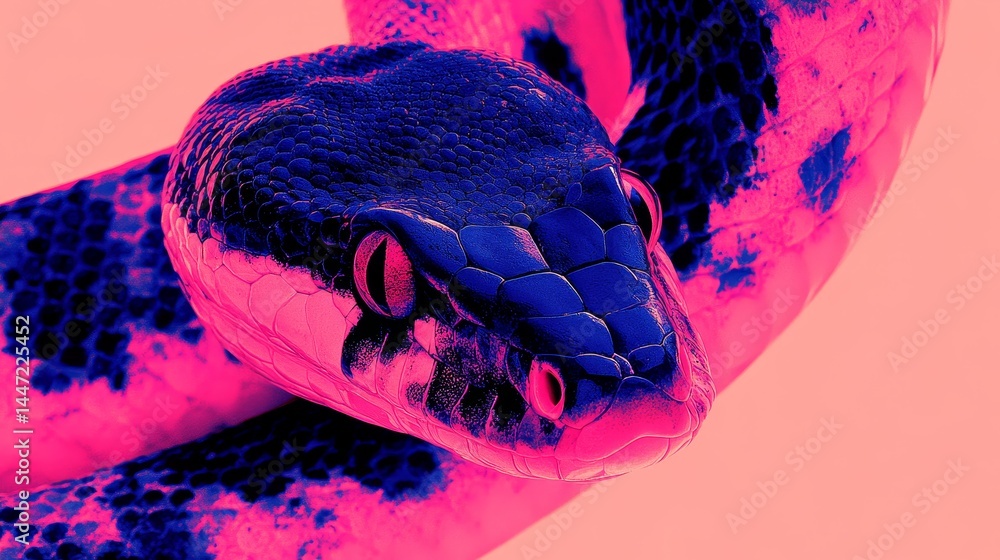 Poster vividly colored snake in abstract composition showcasing surreal hues and intricate patterns adding 