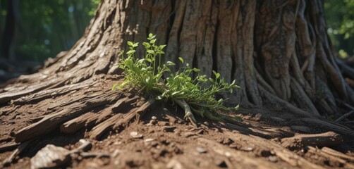 Fototapeta premium Delicate green shoots pushing through weathered stump, sunlight highlighting texture , close-up, texture
