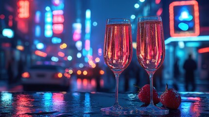 Two champagne flutes with strawberries on a city night