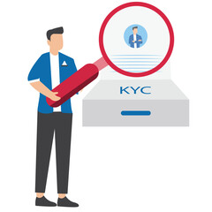 KYC or know your customer with business verifying the identity of its client's concept at the partners-to-be through a magnifying glass Idea of business identification and finance safety