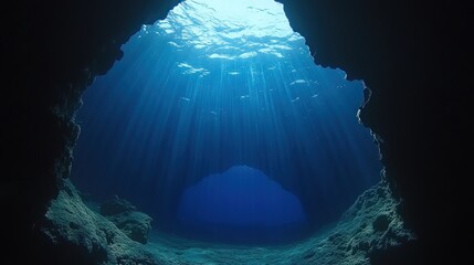 Obraz premium Sunlight streams into a deep underwater cave.