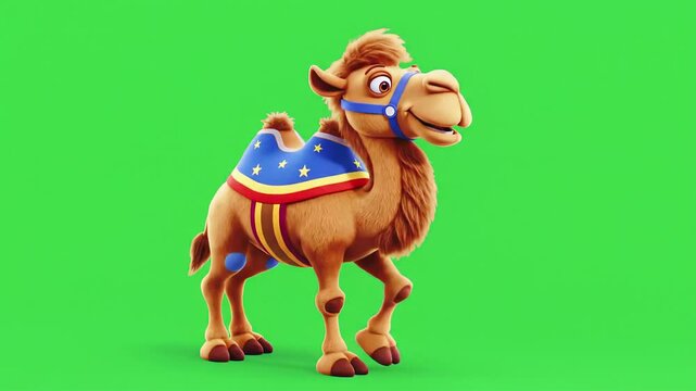 Cartoon camel with circus saddle on green background