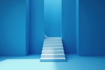 Fototapeta premium A Simple White Staircase Ascending Towards a Bright Blue Corridor, Symbolic of Progress and Achievement