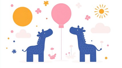 Fototapeta premium Pixelated Giraffe Pair Gazing at a Pastel Balloon Under a Sunny Sky, Perfect for Nursery Decor and Children's Illustration Project designs