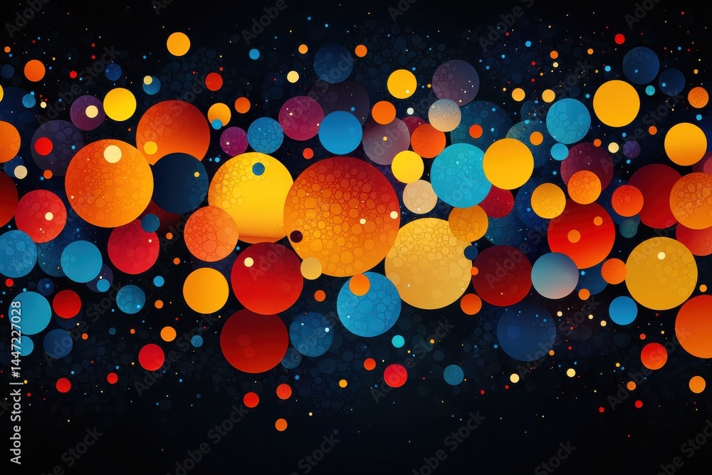 Poster vibrant multicolored circles on a dark background forming an abstract pattern
