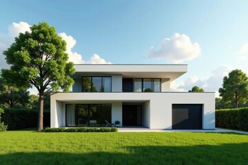 Modern Two-Story House with Attached Garage, Lush Green Lawn, and Mature Tree