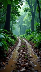 Naklejka premium Rain-slicked dirt road winds through lush rainforest , exploration, dirt road, texture