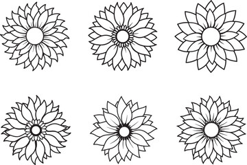 set of sunflower line art, black outline, vector and illustration, coloring book page line art drawing