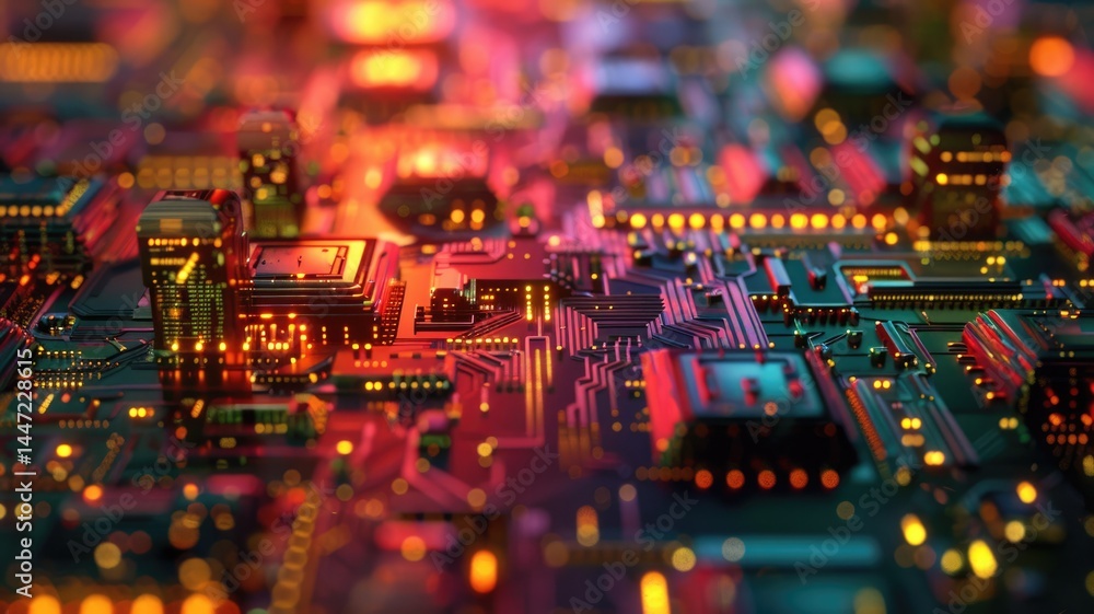 Poster glowing orange circuit board with detailed lines and patterns on a dark background. digital art for 