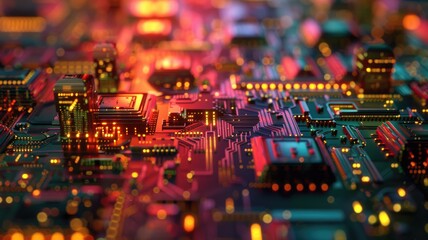 Obraz premium Glowing orange circuit board with detailed lines and patterns on a dark background. Digital art for design. Abstract image of wireframe or motherboard with glowing color with electronic parts. AIG53.