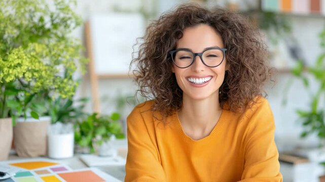 Radiating Joy: A young woman with curly hair and glasses beams with genuine happiness, radiating warmth and positivity. The vibrant colors of her surroundings complement her cheerful energy.
