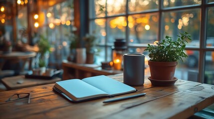 Open lined notebook, eyeglasses, container and a potted plant on rustic wooden desk, blurred window background, serene indoor scene on a transparent background, PNG image, PNG file.