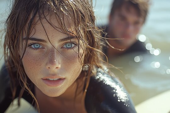 Close-up of a surfer enjoying the water with vibrant blue eyes