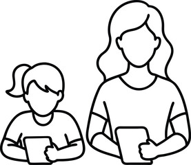 Young child engaging with a tablet drawn in continuous line art style representing education connectivity and tech-savvy youth in a minimalist expression
