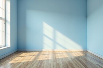 Empty Room with Light Streaming Through Window, Showing Light Wood Floor and Light Blue Walls