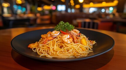 Top-down view features a flavorful seafood pasta dish decorated with fresh garnishes, emphasizing its enticing colors and textures on a rustic plate
