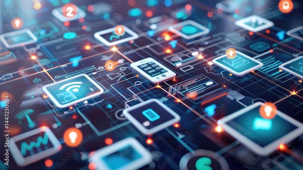 Poster digital image of a cloud network with connected devices. abstract image of cloud icon connecting wit