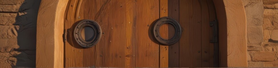 Fototapeta premium Ancient arched door, small radiant porthole, inviting amber glow, glow, night, setting