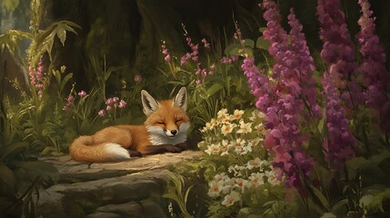 Fototapeta premium Fox relaxing in floral environment