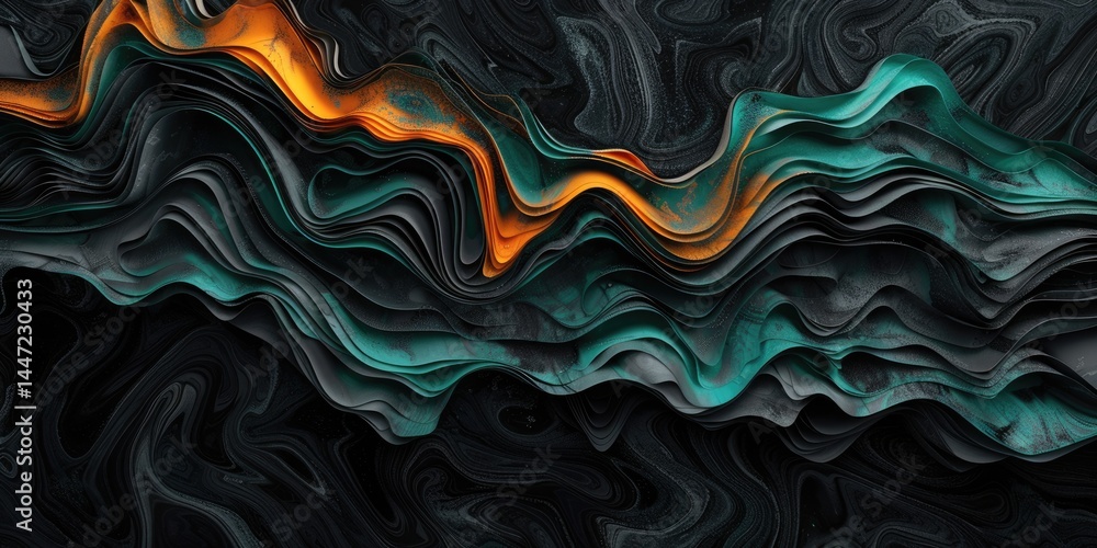 Poster 3d layered abstract waves in turquoise and orange on a dark background. background image of abstract
