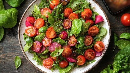 Overhead shot of a colorful fresh salad with tomatoes, radishes, and green leafy vegetables on rustic plate, healthy food preparation on a transparent background, PNG image, PNG file.