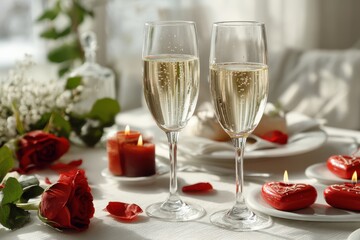 Two champagne glasses with romantic candles, roses, and hearts on white table