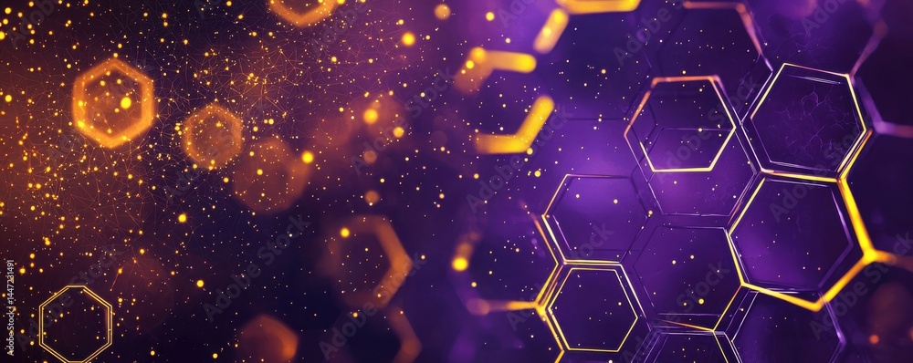 Poster abstract purple background with glowing hexagons and digital particle effects