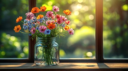 Vibrant cosmos flower arrangement in a glass jar on a wooden windowsill in front of green trees, soft natural light, on a transparent background, PNG image, PNG file.