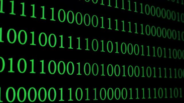 The composition features streams of binary code in bright green against a dark backdrop, creating an abstract digital atmosphere suitable for technology themes.