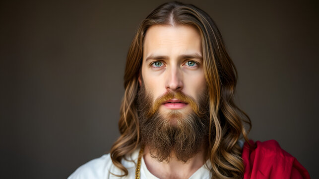 Portrait of a Man Dressed as Jesus. White robe. Long brown hair and beard. Man appears to be in his early 30s, and he has a serious expression on his face. Christian religion and faith. AI generated