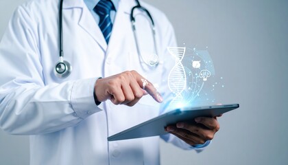 A focused doctor in a white coat holds up a tablet displaying a detailed DNA strand, symbolizing advanced genetic research and healthcare innovation.