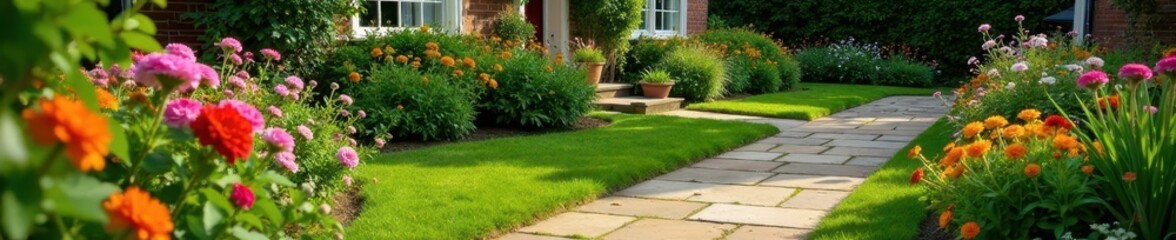 Obraz premium Charming English cottage garden blooms beside brown paving stones and lush green lawn , vintage, peaceful, wildflowers