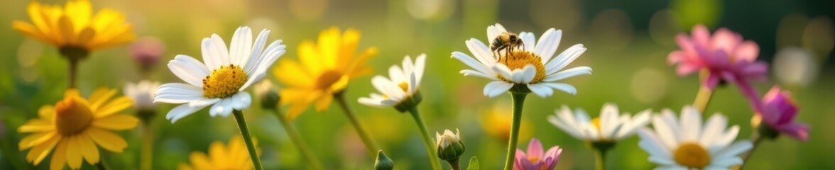 Obraz premium Close-up of chamomile and wildflowers blooming, pollen dusting petals, texture, stock photo