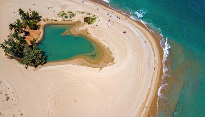 Background of a vibrant aerial view showcases a beach scene with numerous colorful umbrellas and sunbathers enjoying a sunny day.