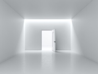 Modern white door, sleek handle, wide opening, bright room beyond - interior sunny shiny