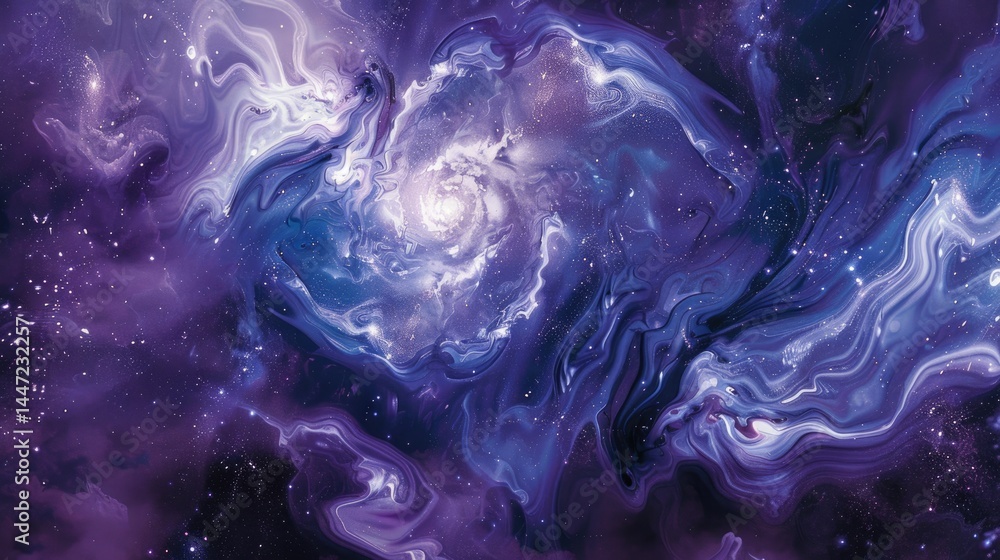 Poster galaxy scene of vibrant planet inside outer space orbit with vividness of light from nebula or star.