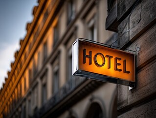 Obraz premium Parisian hotel sign, vibrant glow at dusk, showcasing architectural style of building - ornate detailed iron shadows railing