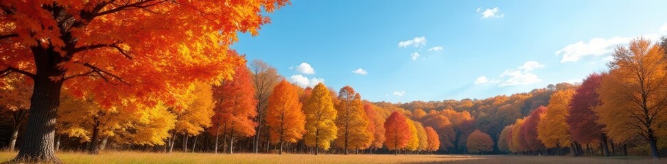 Crisp autumn air, vibrant foliage, blue sky backdrop , panorama, colorful, rural