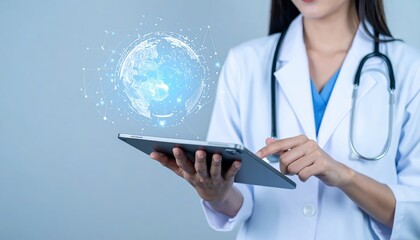 A focused woman doctor examines her tablet, which displays a vibrant, rotating Earth, symbolizing global health and medical advancements.